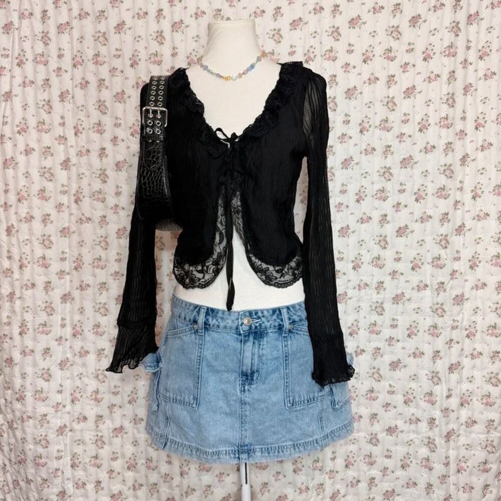 Princess Polly Black Mesh Tie Front Top Sheer Layering Top Women’s US 4